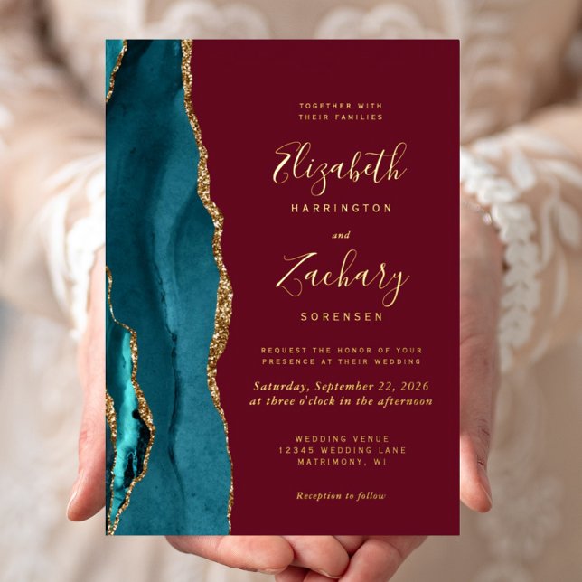 Modern Teal Blue Gold Agate Burgundy Wedding (Creator Uploaded)