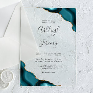 Modern Teal Blue Gold Agate Corners Wedding Acrylic Invitations