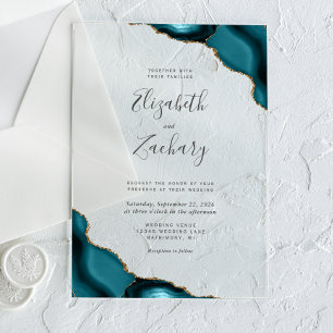 Modern Teal Blue Gold Agate Corners Wedding Acrylic Invitations