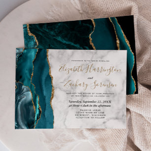 Modern Teal Blue Gold Agate Marble Wedding Invitation
