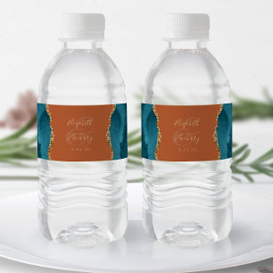 Modern Teal Blue Gold Agate Rust Wedding Water Bottle Label