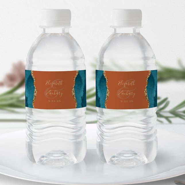 Modern Teal Blue Gold Agate Rust Wedding Water Bottle Label (Creator Uploaded)