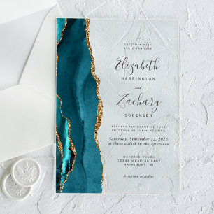 Modern Teal Blue Gold Agate Wedding Acrylic Invitations