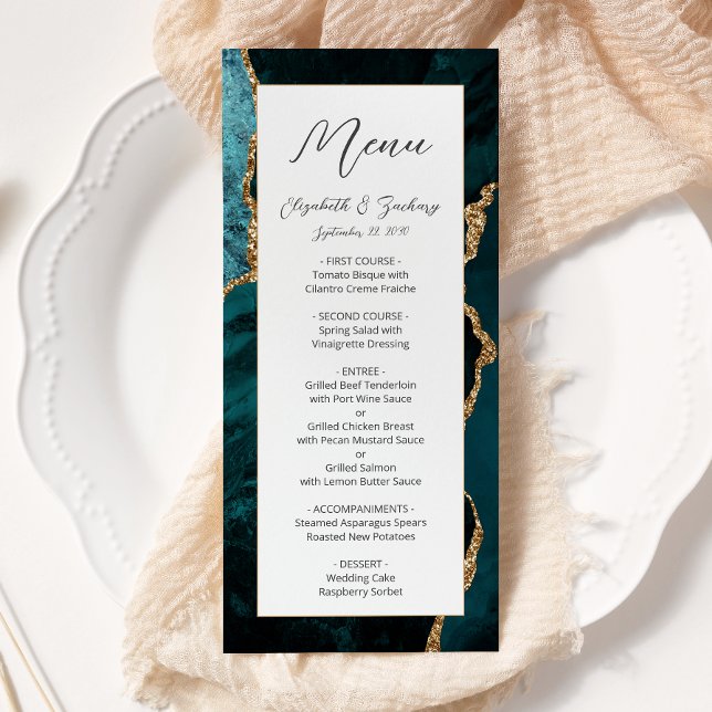 Modern Teal Blue Gold Agate Wedding Menu (Creator Uploaded)