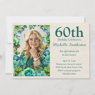 Modern Teal Blue Green Flowers 60th Birthday Photo Invitation