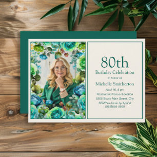 Modern Teal Blue Green Flowers 80th Birthday Photo Invitation