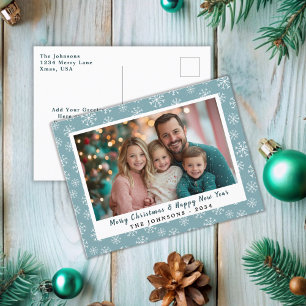 Modern Teal Blue Green Snowflakes Holiday Photo  Postcard