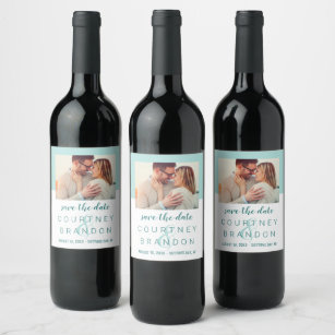 Modern Teal Blue Green Wedding Photo Save the Date Wine Label