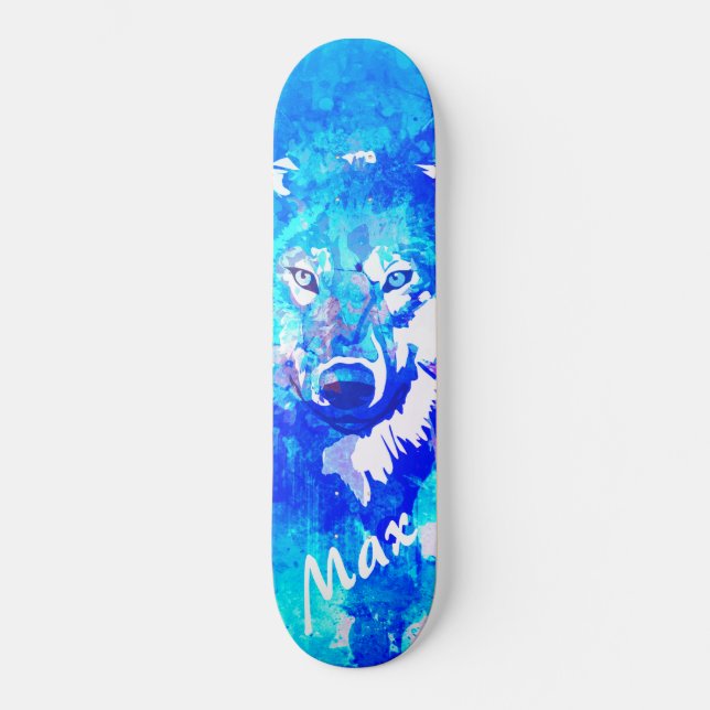 Modern teal blue green white watercolor wolf skateboard (Front)