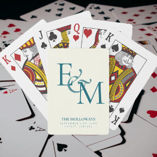 Modern Teal Blue Monogram Wedding Guest Book Playing Cards