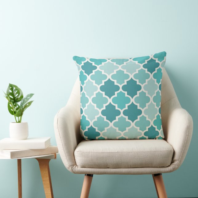 Modern Teal Blue Moroccan Quatrefoil Tile Pattern Cushion (Chair)