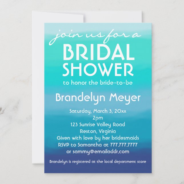 Modern Teal Blue Ocean Bridal Shower Invitations (Front)