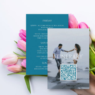 Modern Teal Blue Photo Wedding Itinerary QR Code Enclosure Card