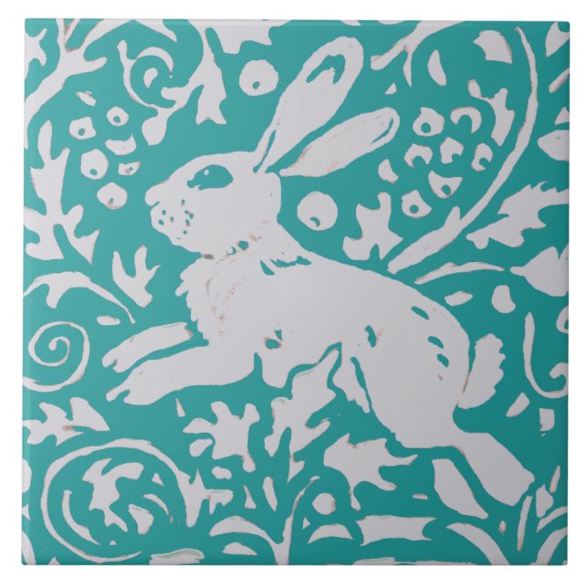 Modern Teal Blue Rabbit Leaping Bunny Nature Decor Tile (Front)