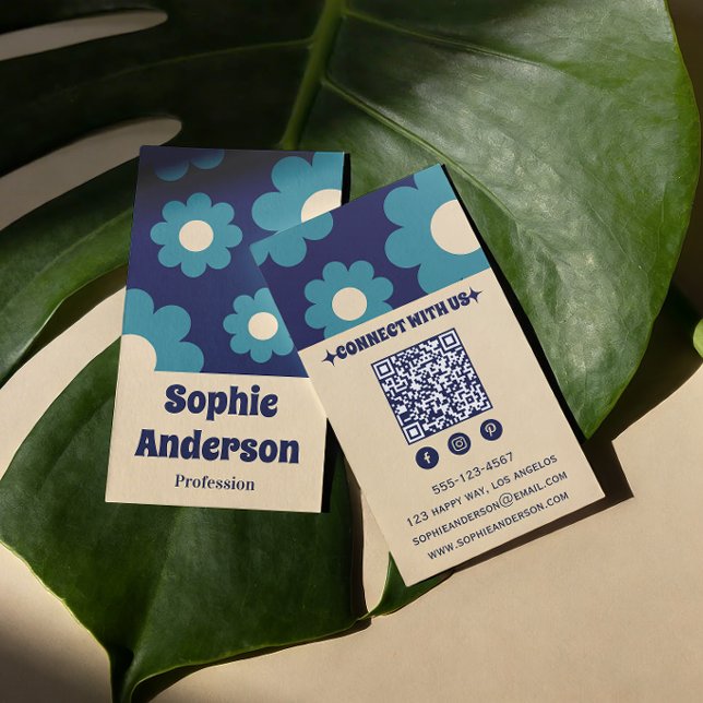 Modern Teal Blue Retro Floral Pattern with QR Code Business Card (Creator Uploaded)