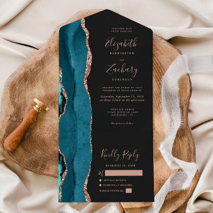 Modern Teal Blue Rose Gold Agate Dark Wedding All In One Invitation