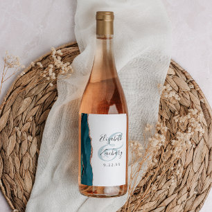Modern Teal Blue Rose Gold Agate White Wedding Wine Label