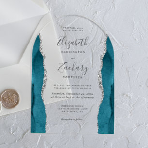 Modern Teal Blue Silver Agate Arch Wedding Acrylic Invitations
