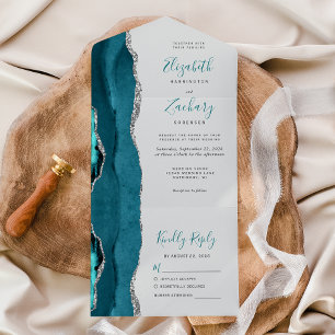 Modern Teal Blue Silver Agate Grey Wedding All In One Invitation