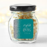 Modern Teal Blue Silver Glitter Edge Wedding Square Sticker<br><div class="desc">This elegant modern wedding sticker features a faux silver glitter design on the left edge. Easily customise the silver grey text on a teal blue background,  with the names of the bride and groom in handwriting calligraphy over a large ampersand.</div>