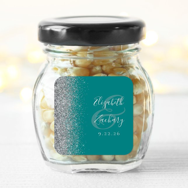 Modern Teal Blue Silver Glitter Edge Wedding Square Sticker (Creator Uploaded)
