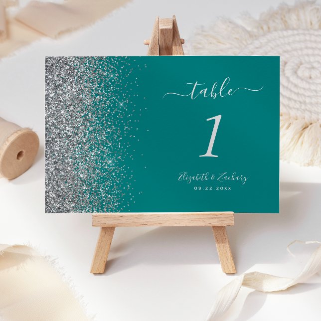Modern Teal Blue Silver Glitter Edge Wedding Table Number (Creator Uploaded)