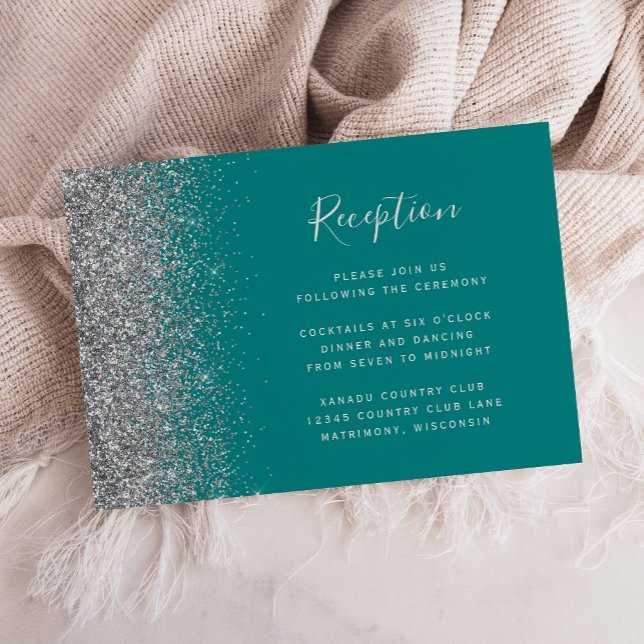 Modern Teal Blue Silver Glitter Wedding Reception Enclosure Card (Creator Uploaded)