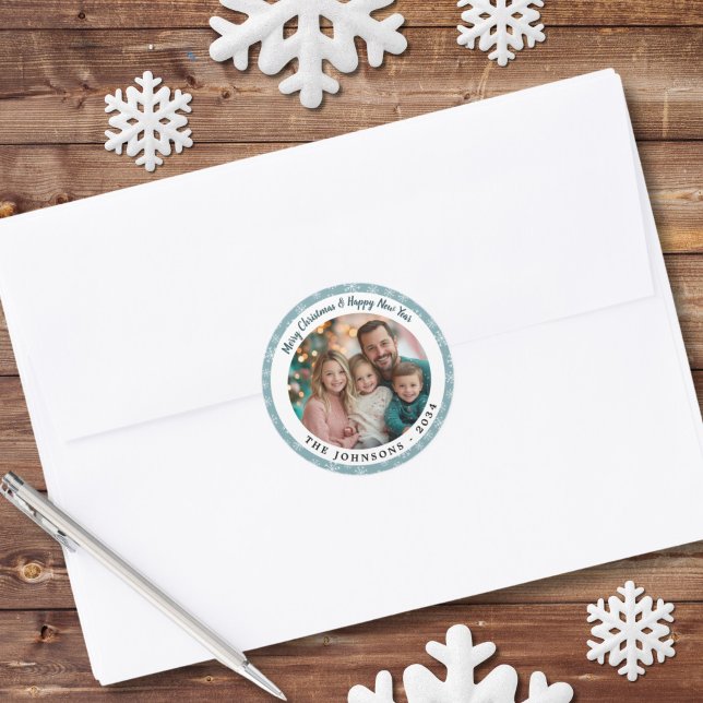 Modern Teal Blue Snowflakes Round Holiday  Classic Round Sticker (Round Blue Snowflake Christmas Sticker)