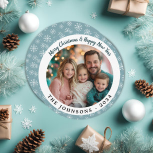 Modern Teal Blue Snowflakes Round Holiday Photo  Card