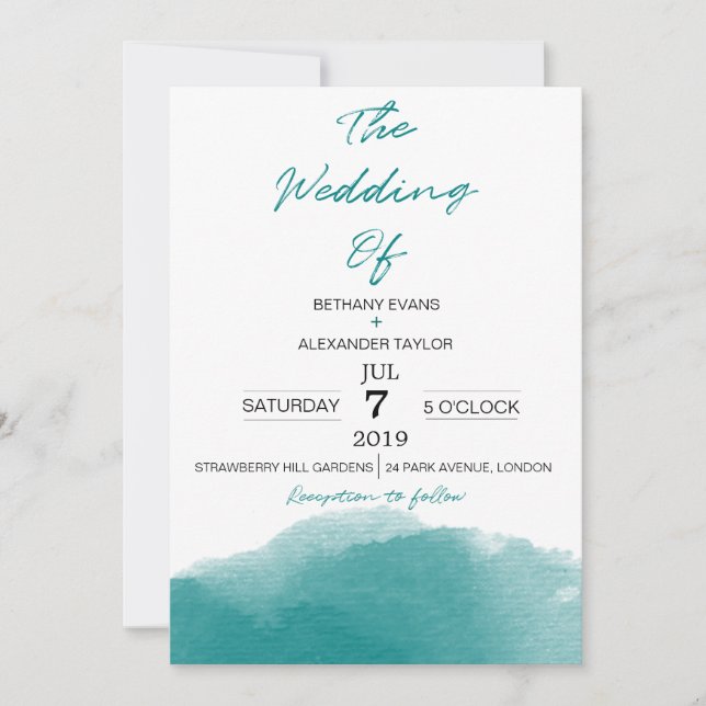 Modern Teal Blue Watercolor Script Wedding Invite (Front)