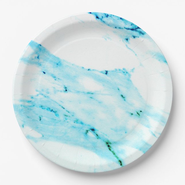 Modern Teal blue white marble pattern  Paper Plate (Front)
