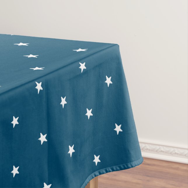 Modern teal blue & white stars pattern holiday tablecloth (In Situ)