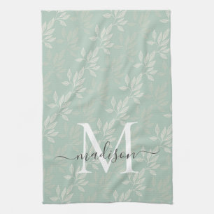 Modern Teal Botanical Leaves Monogram Script Name Tea Towel