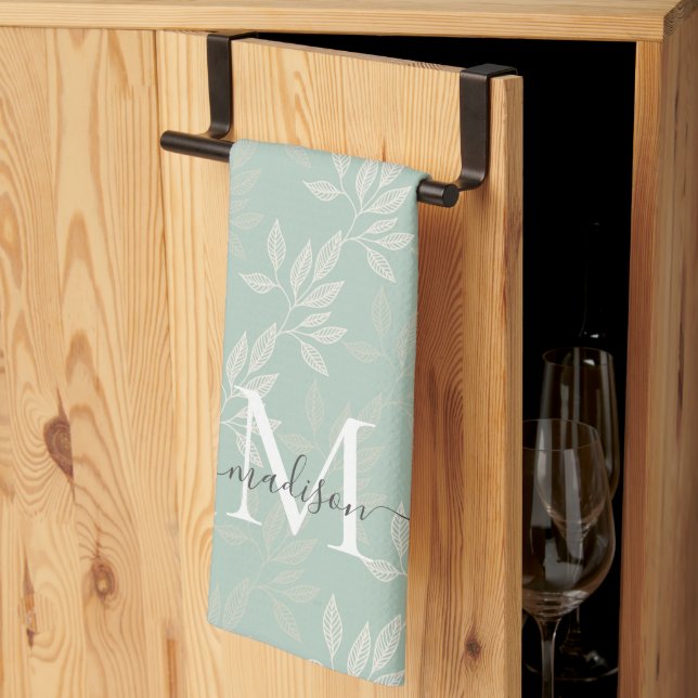 Modern Teal Botanical Leaves Monogram Script Name Tea Towel (Thirds Fold)