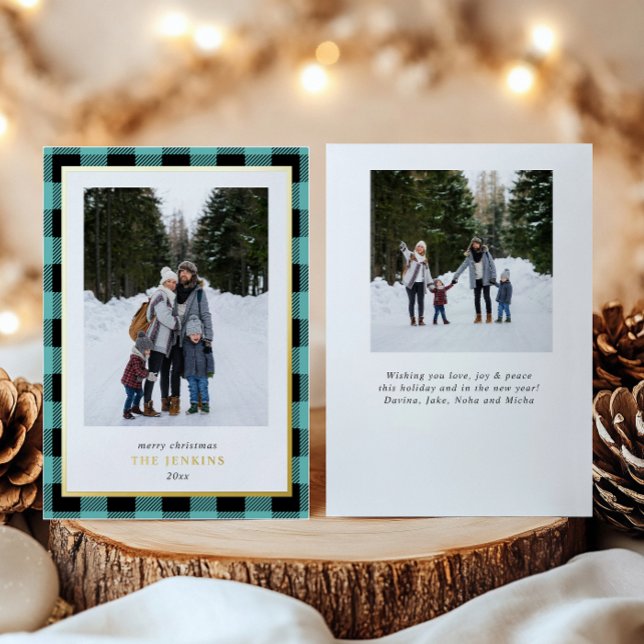 Modern Teal Buffalo Plaid Christmas Two Photos (Creator Uploaded)