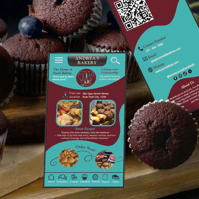 Modern Teal Burgundy Bakery Logo and QR Code   Business Card (Creator Uploaded)