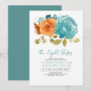 Modern Teal Burnt Orange Floral Rehearsal Dinner Invitation