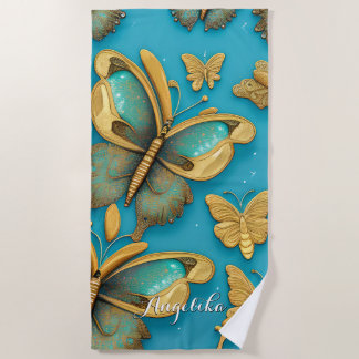 Modern Teal Butterflies Gold Glitters Beach Towel