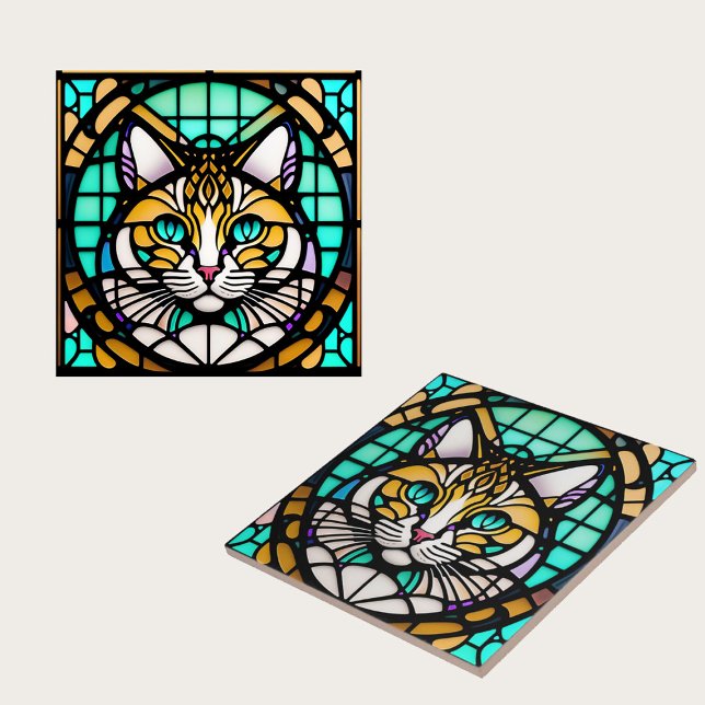 Modern Teal Cat Stained Glass Illustration Tile (Creator Uploaded)