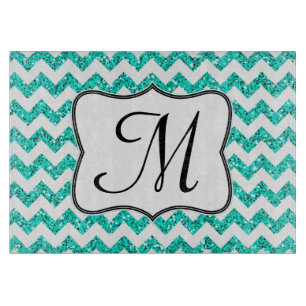 Modern Teal Chevron Monogram Glass Cutting Board