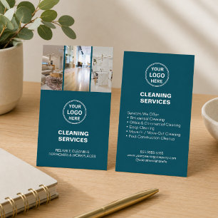 Modern Teal Cleaning Services Photo Logo  Business Card