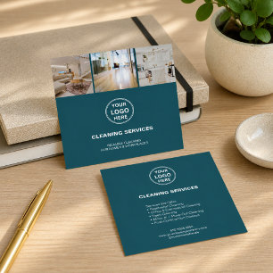 Modern Teal Cleaning Services Photo Logo Square Business Card