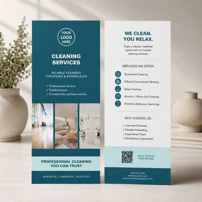 Modern Teal Cleaning Services with QR  Rack Card (Modern Teal Cleaning Services with QR Rack Card
)