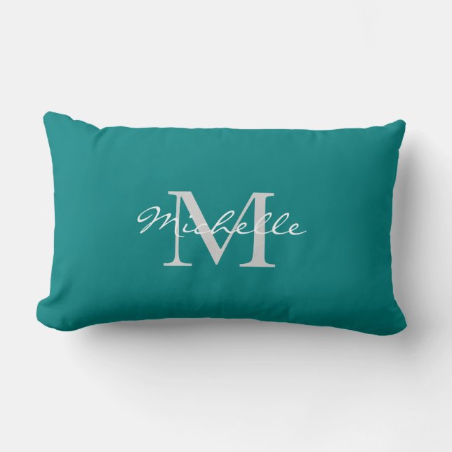 Modern teal coloured personal monogram and name lumbar cushion (Front)