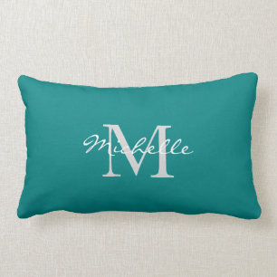 Modern teal coloured personal monogram and name lumbar cushion