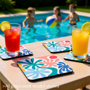 Modern Teal Coral Tropical Palm Abstract Summer Coaster
