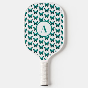 Modern Teal Cute Butterfly Pattern Monogram Pickleball Paddle
