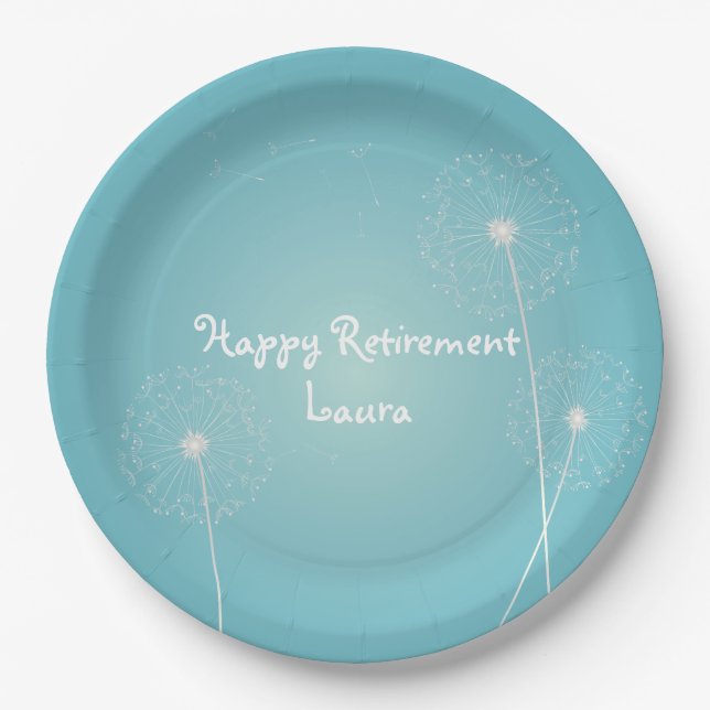 Modern, Teal Dandelion Retirement Party Plates (Front)