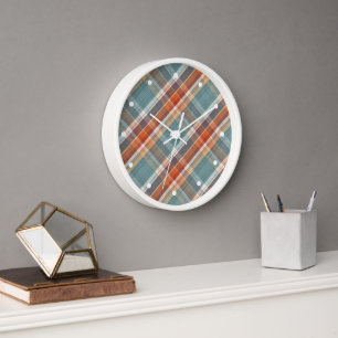 Modern Teal Dark Blue Orange White Plaid Pattern Clock