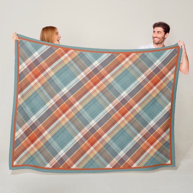 Modern Teal Dark Blue Orange White Plaid Pattern Fleece Blanket (In Situ)